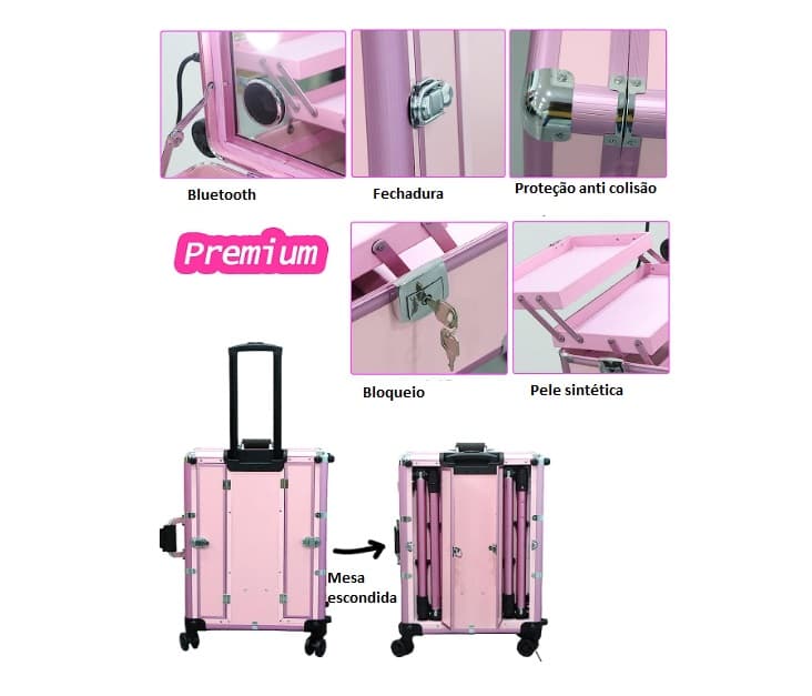 🌸 Mala Trolley Rosa Camarim Profissional com Luzes LED Bluetooth - 2