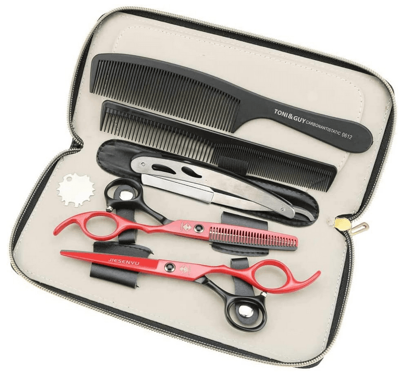 Kit Tesouras Vermelho e Preto de Cabeleireiro Barbeiro 6 Peças