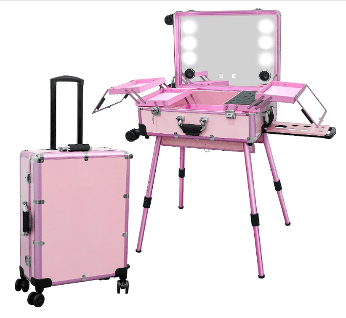 🌸 Mala Trolley Rosa Camarim Profissional com Luzes LED Bluetooth