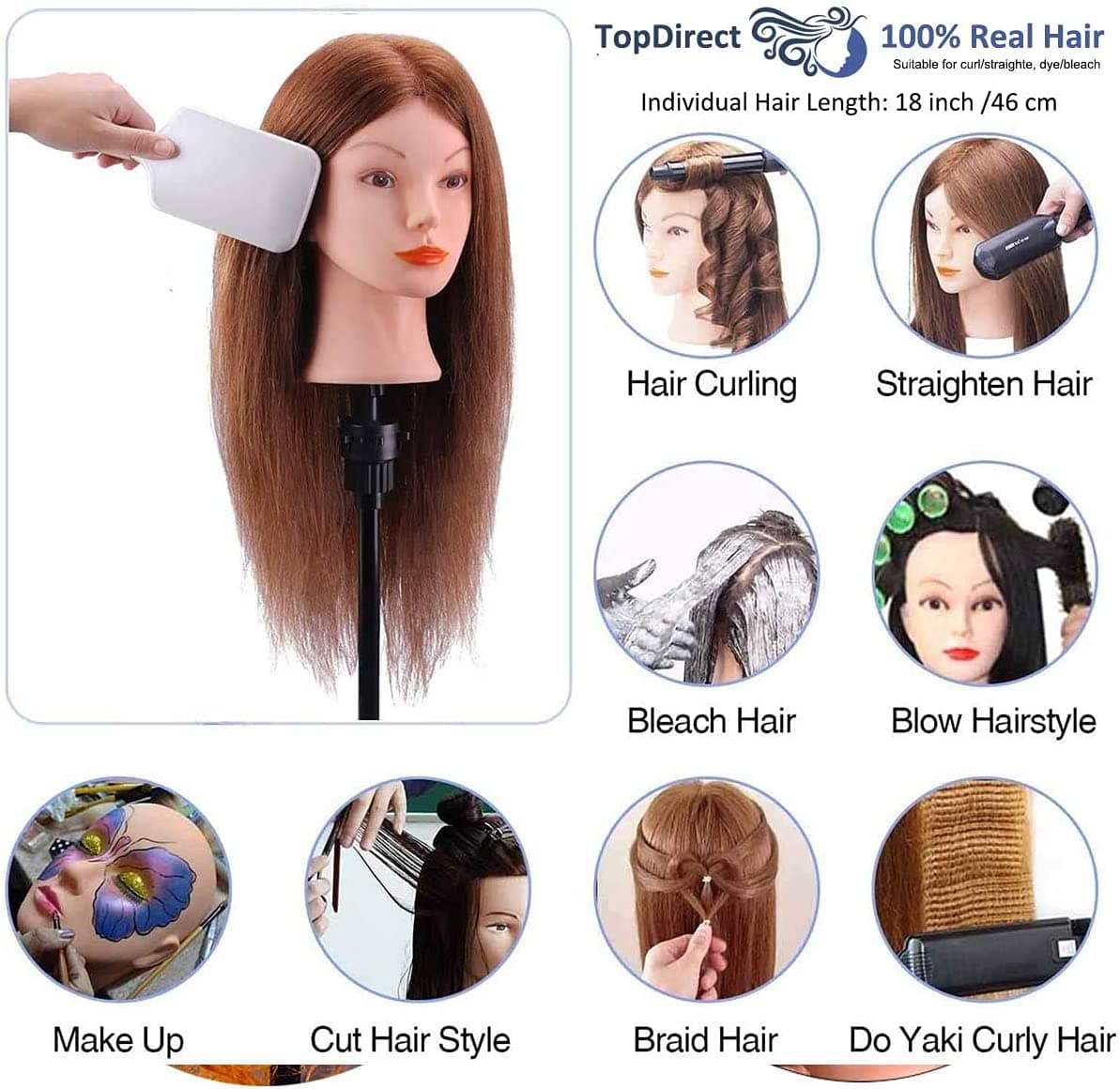 Cabeça de Manequim 45cm 100% Cabelo Humano + Suporte + Acessórios - 5