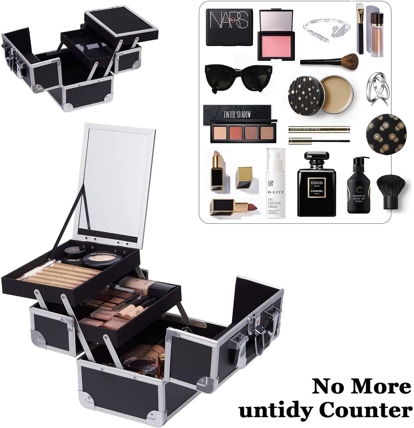 Professional Black Makeup Bag with Mirror - 2