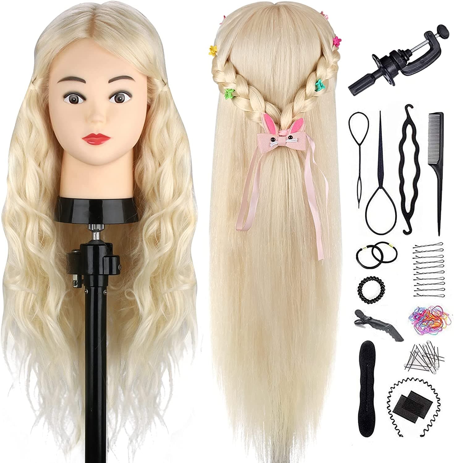 Cabeça de Manequim 60cm com 70% Cabelo Real com Suporte de Mesa + Acessórios