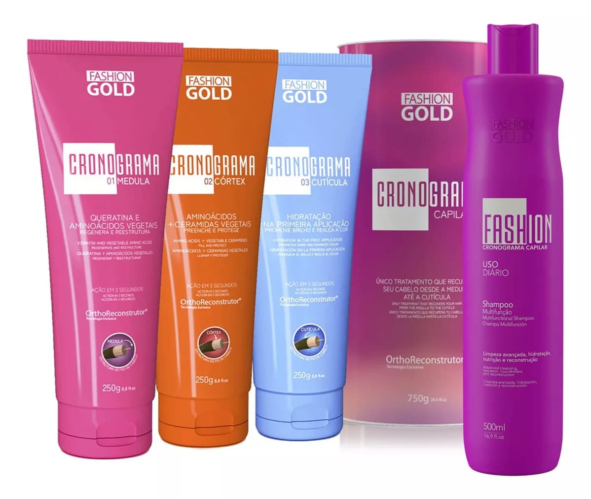 Kit Fashion Gold Cronograma Capilar avec Shampoo 500ml - PRĂ-VENTE đ - 1